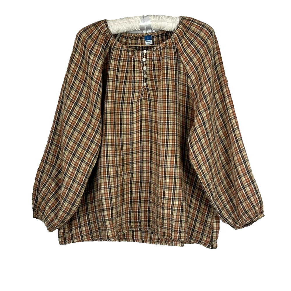 Old Navy Blouse Top Women's Size XL Brown Crinkled Gauze Popover Balloon Plaid